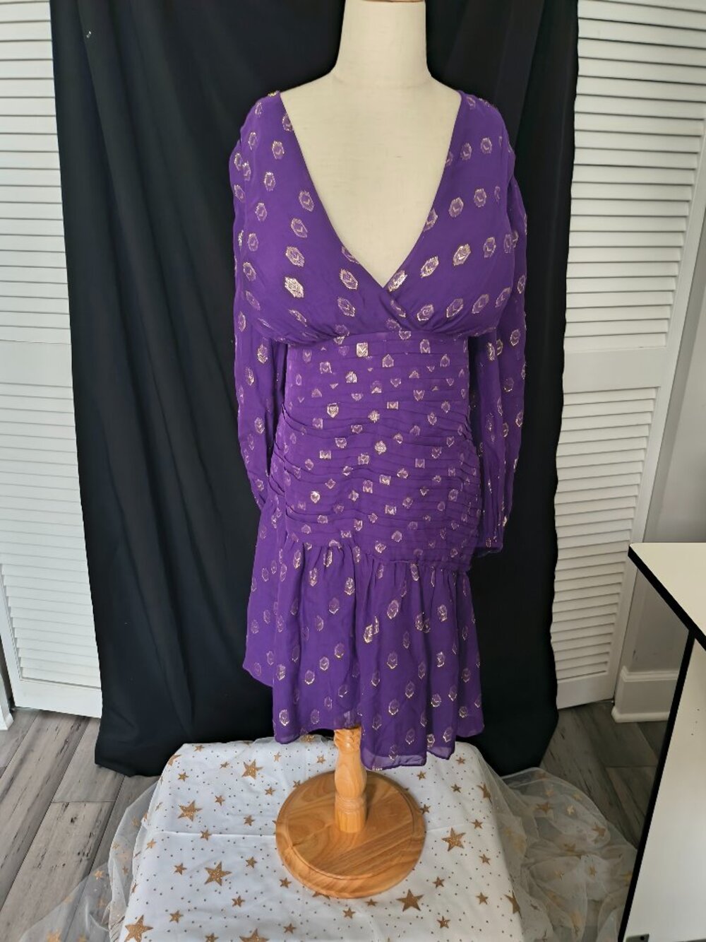 NWT SHOSHANKA Purple Gold Metallic Silk Blend Ruched Mini Dress - Size 14 ($480)